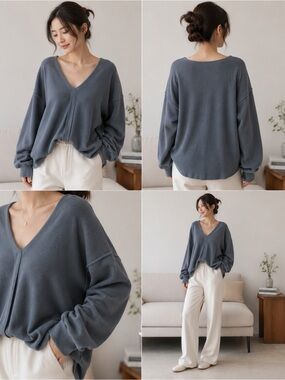Wilfred Free Aritzia Oversized Blue Gray Cozy V-Neck Sweater Size Large {em}